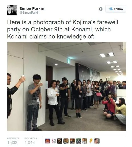 Tweet by Simon Parkin showing Hideo Kojima's farewell party at Konami