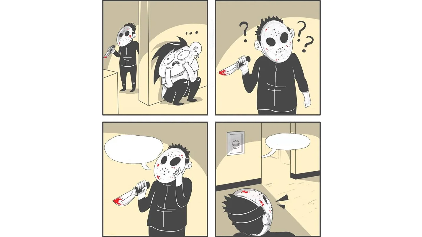 Hiding From a Serial Killer — Four-panel comic of a masked serial killer finding a hiding victim, standing confused, speaking a blank speech bubble, then being