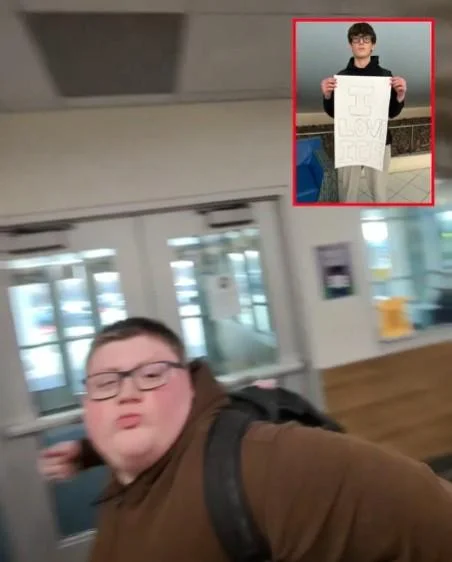 High School Kid Punches Ice Supporter Okay Punch Kid — Composite image pairing brown-hoodie kid mid-punch with inset of Danny Spud holding 'I Love ICE' sign.