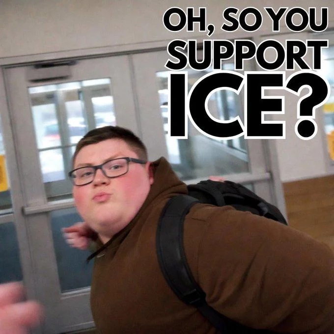 High School Kid Punches Ice Supporter Okay Punch Kid — Close-up of student in brown hoodie mid-punch lunge with text 'OH, SO YOU SUPPORT ICE?'