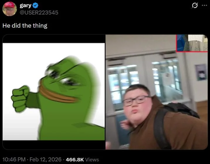 High School Kid Punches Ice Supporter Okay Punch Kid — Twitter post comparing angry Pepe the Frog with punch kid video frame and Danny Spud inset.