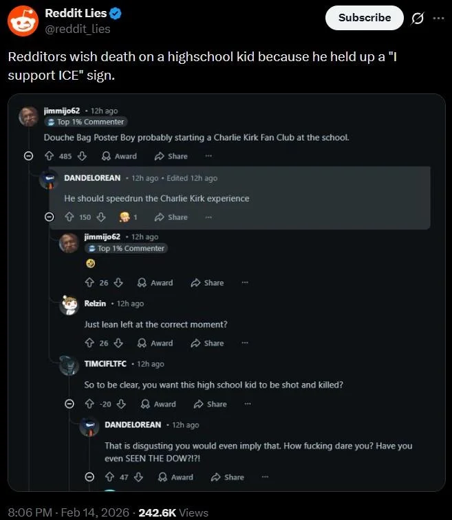 High School Kid Punches Ice Supporter Okay Punch Kid — Twitter screenshot from @reddit_lies showing Reddit discussion about the ICE protest punch incident.