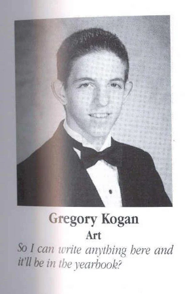 High School Senior Yearbook Photos — Yearbook photo of Gregory Kogan with self-aware senior quote