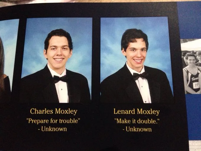 High School Senior Yearbook Photos — Yearbook photos of Moxley brothers quoting Team Rocket from Pokemon