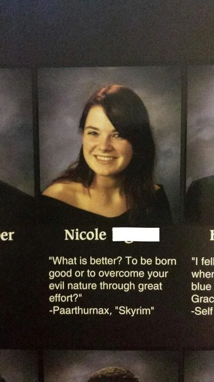 High School Senior Yearbook Photos — Yearbook photo of Nicole with Skyrim Paarthurnax quote