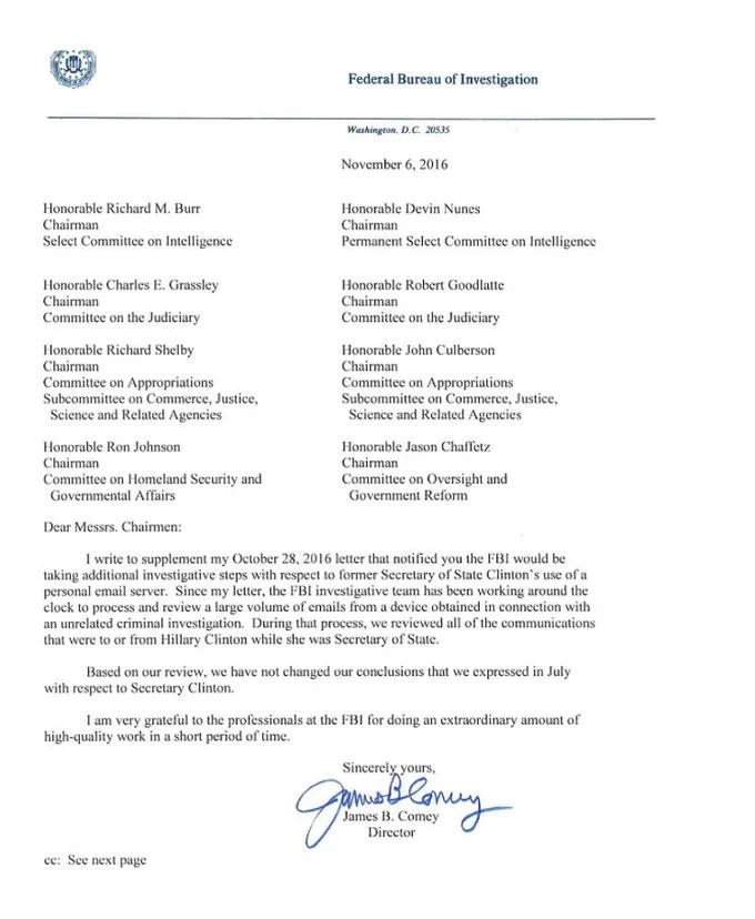 Hillary Clinton Email Controversy — James Comey November 6 2016 letter to Congress about Clinton emails