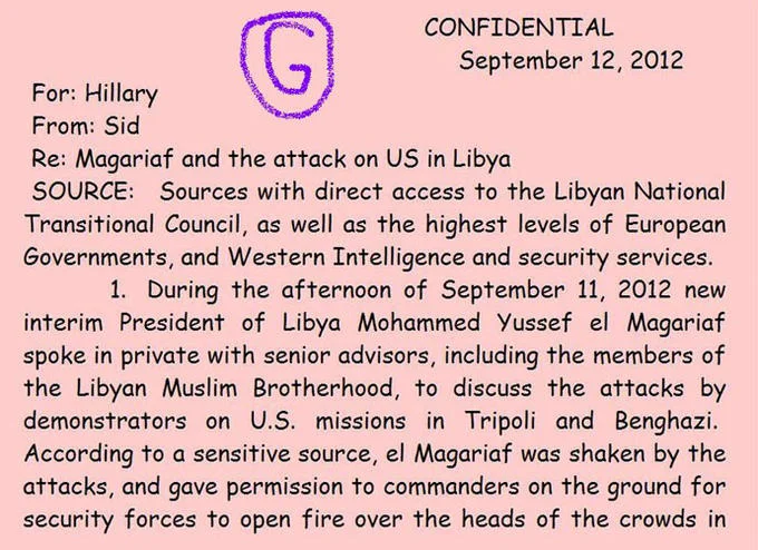 Screenshot of leaked Sidney Blumenthal memo to Hillary Clinton about Libya