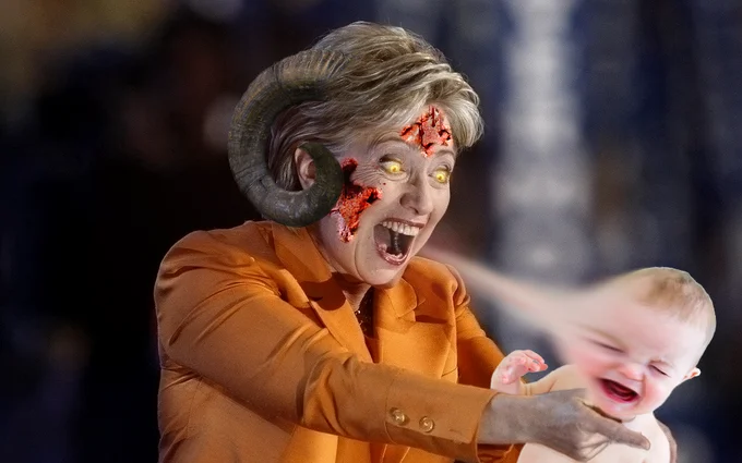 Photoshopped image of Hillary Clinton as a demon reaching for a baby