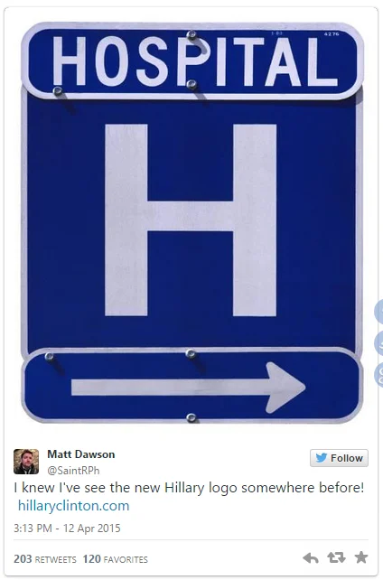 Tweet comparing Hillary Clinton logo to a hospital H sign