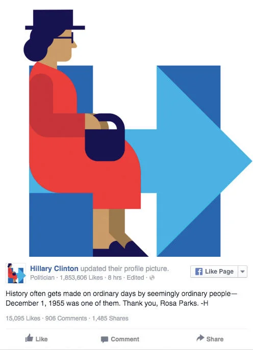 #HillaryNewLogo — Screenshot of Hillary Clinton Facebook post featuring Rosa Parks logo tribute