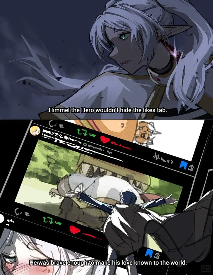 Himmel Would've Done That — Fan art of Frieren with text about Himmel not hiding his likes tab