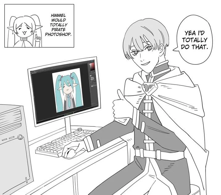 Himmel Would've Done That — Monochrome comic of Himmel at computer giving thumbs up about pirating Photoshop