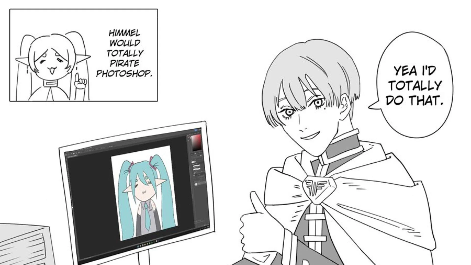 Himmel Would've Done That — Manga-style comic with Frieren saying Himmel would pirate Photoshop and Himmel confirming he would
