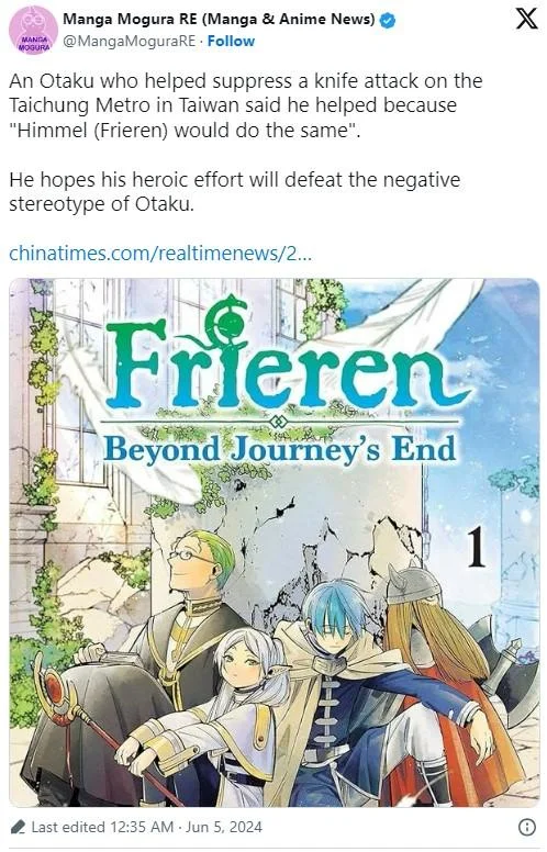 Himmel Would've Done That — Tweet about an otaku stopping a knife attack citing Himmel from Frieren as inspiration