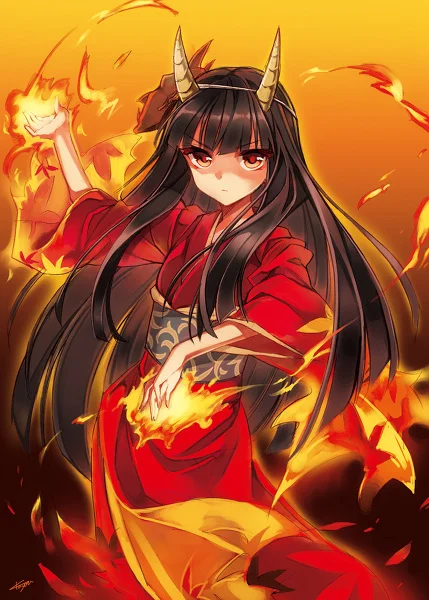 Hinomoto Oniko (日本鬼子) — Hinomoto Oniko anime character in autumn-leaf kimono holding a spear with red oni mask hair ornament, name in hiragana