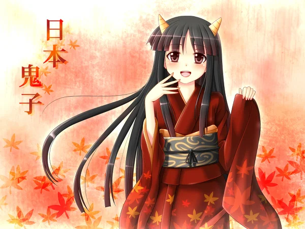 Hinomoto Oniko (日本鬼子) — Smiling anime girl with long black hair, small yellow horns, wearing a red kimono, with 日本鬼子 kanji beside her.