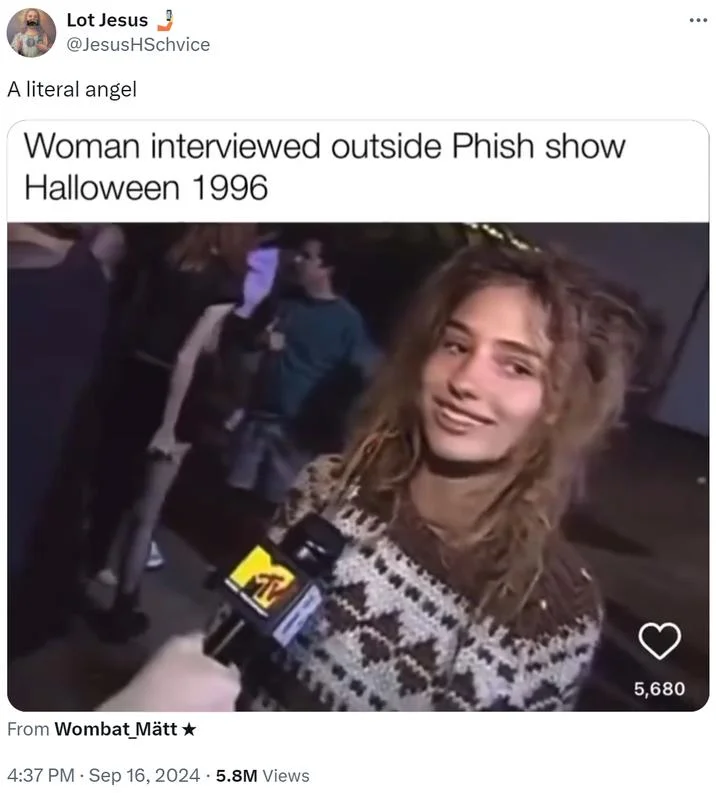 Hippie Chick Interviewed at a Phish Show — Tweet captioned 'A literal angel' sharing the viral 1996 Phish show interview clip.