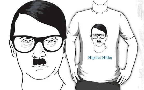 Sketch illustration of bearded man with slicked-back hair wearing thick black-framed hipster glasses and white t-shirt.