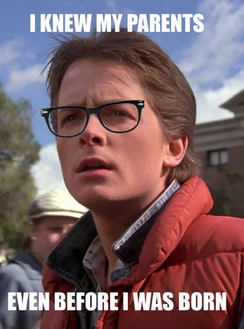 Man in red jacket wearing thick black-framed hipster glasses with captions claiming obscure knowledge.