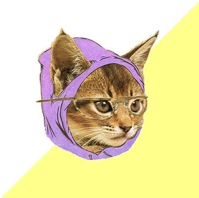 Hipster Kitty head cutout on yellow diagonal background, no caption