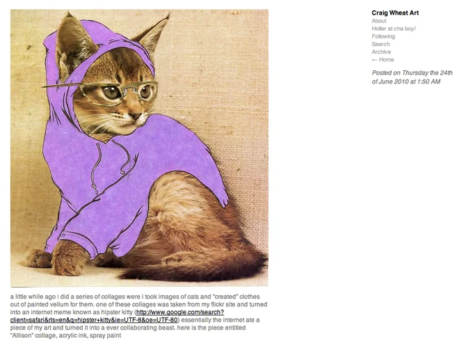 Screenshot of Craig Wheat's Tumblr showing the original Hipster Kitty collage titled 'Allison'