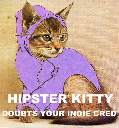 Hipster Kitty in purple hoodie with caption 'Hipster Kitty doubts your indie cred'