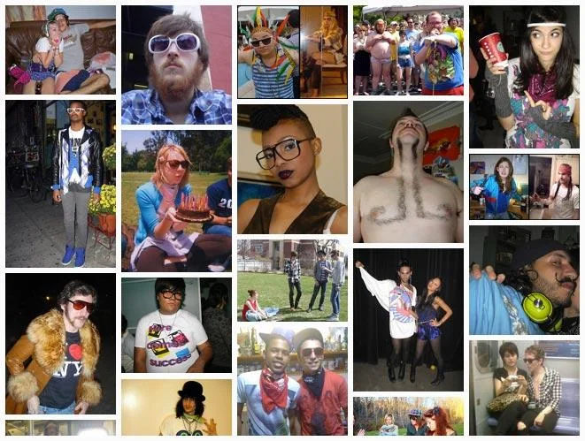 Collage of many people wearing hipster fashion including thick glasses and ironic clothing