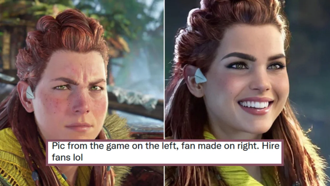 Aloy in-game versus fan-made glamorized version with 'Hire fans lol' caption