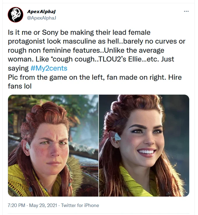 Original @ApexAlphaJ tweet from May 2021 with Aloy comparison and 'Hire fans lol' text
