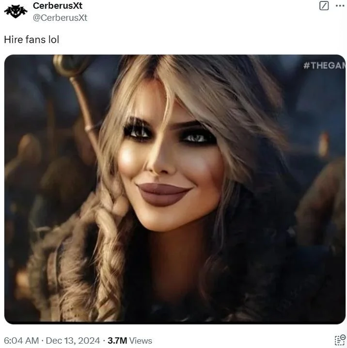 AI-edited glamorous Ciri from Witcher 4 with 'Hire fans lol' caption