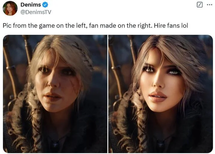 Ciri in-game versus glamorized fan edit with 'Hire fans lol' caption