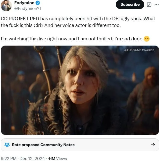 Hire Fans Lol — Endymion tweet criticizing Ciri's appearance in The Witcher 4 reveal trailer