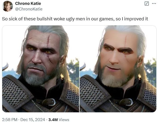 Geralt of Rivia in-game versus smoothed feminized edit parodying 'Hire fans lol'