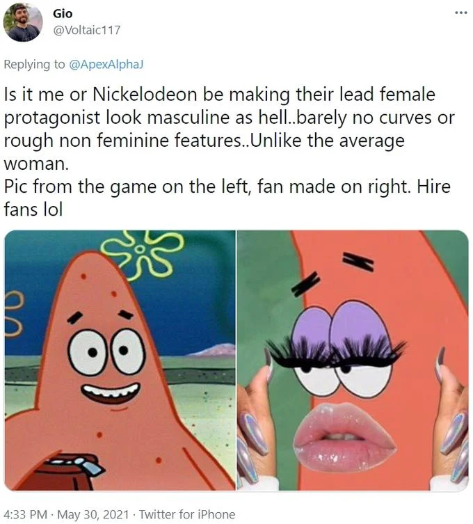 Patrick Star parody comparison with makeup, mocking the 'Hire fans lol' format