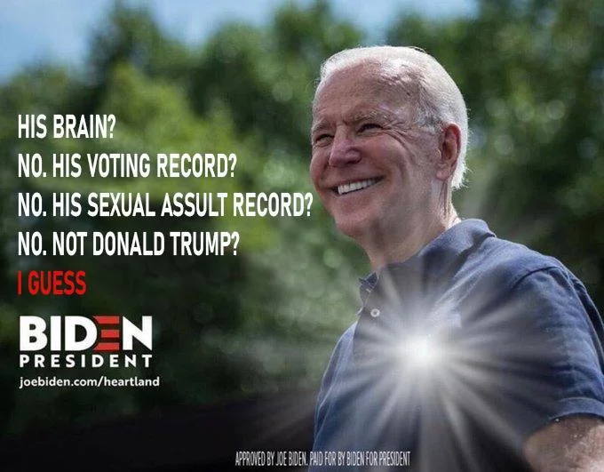 His Brain? No. His Heart — Parody edit of the Biden ad listing various rejected reasons and ending with 'I GUESS.'