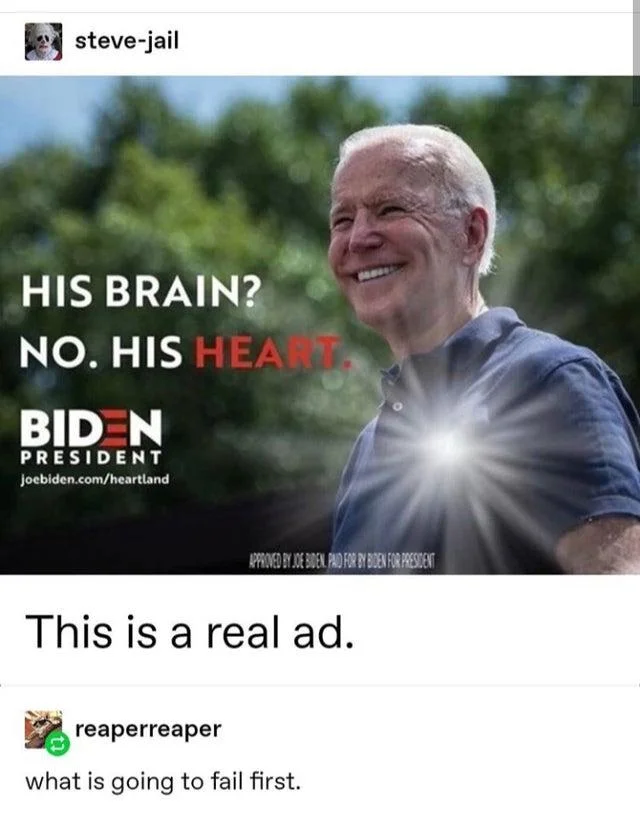 His Brain? No. His Heart — Tumblr screenshot with the Biden ad captioned 'This is a real ad.' and a reply joking about failure.