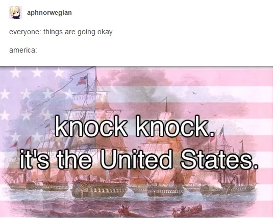 Tumblr post with the 'knock knock. it's the United States.' still from history of japan