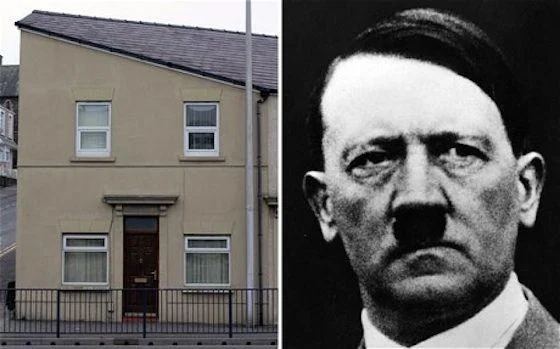 Hitler House — Side-by-side composite with the yellow house on left and black-and-white Hitler portrait on right emphasizing resemblance.