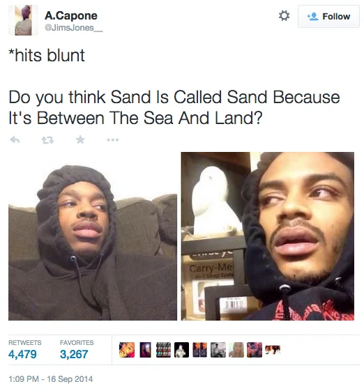 *Hits Blunt* — Twitter screenshot with hits blunt joke about sand being between sea and land