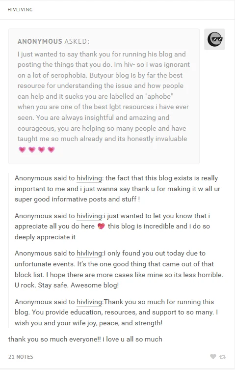 Screenshot of anonymous Tumblr asks praising the hivliving blog as an invaluable LGBT resource.