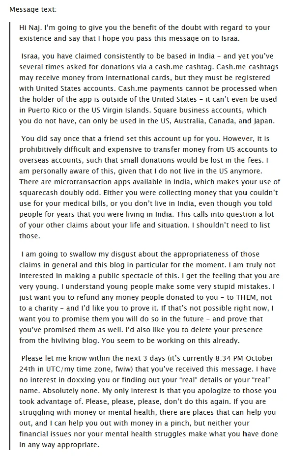 Message confronting the hivliving persona about donation fraud and location inconsistencies.