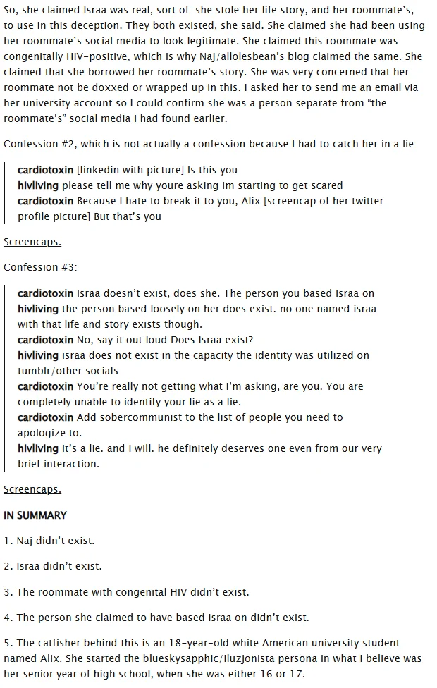 Summary of the hivliving expose identifying the catfisher as a white American university student.