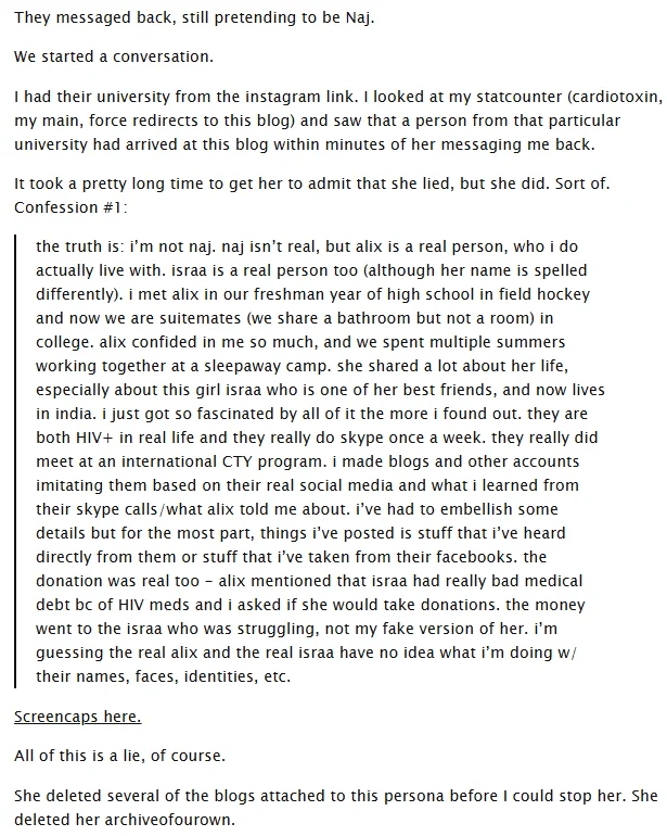 Screenshot of the hivliving persona's first confession admitting fabrication of the Naj identity.