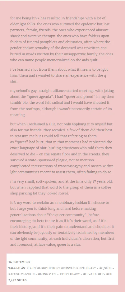Long Tumblr essay on pink background from the hivliving blog about being HIV-positive and reclaiming the word queer.
