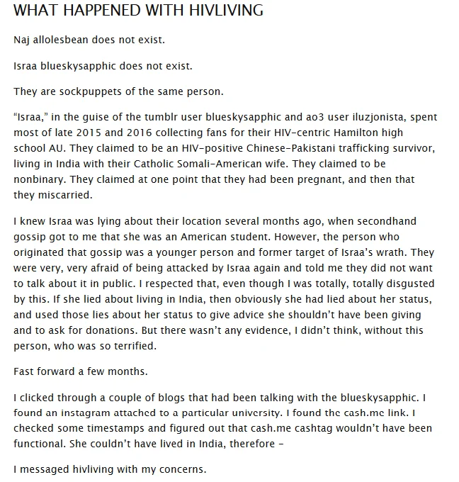 Text expose describing the hivliving Tumblr sockpuppet accounts and Hamilton fanfiction origin.