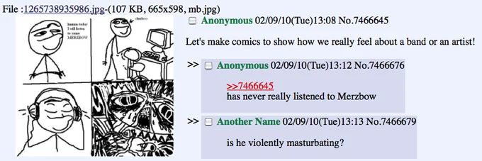Hmm Today I Will — 4chan imageboard thread screenshot showing original stick-figure comic alongside anonymous replies referencing Merzbow.