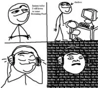 Hmm Today I Will — Low-resolution four-panel comic about listening to Drowning Pool with musical reaction text overlay.