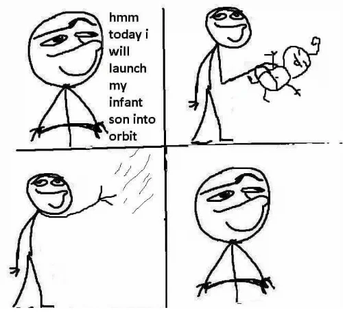 Hmm Today I Will — Clean four-panel stick-figure comic showing character launching infant son with smug satisfaction.