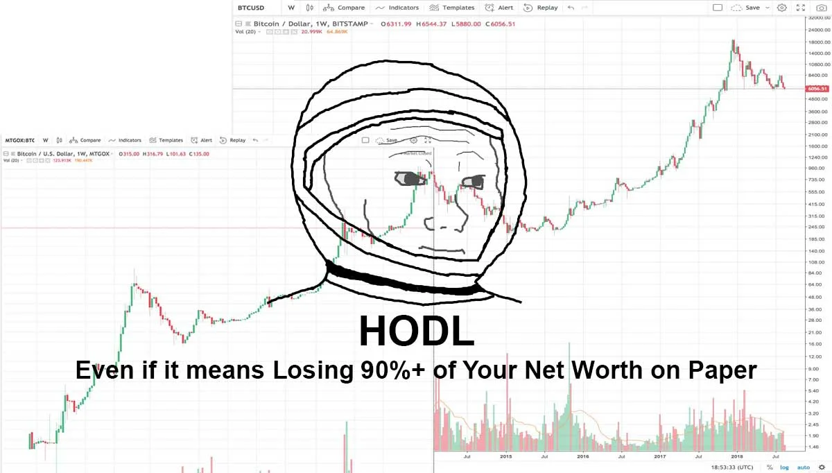 Illustration of astronaut in space with text about HODLing despite losing 90% net worth set against stock market charts.