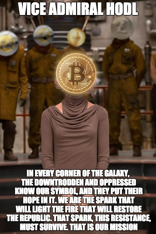 Surreal meme featuring hooded figure with Bitcoin coin as head titled 'Vice Admiral HODL' with narrative text.